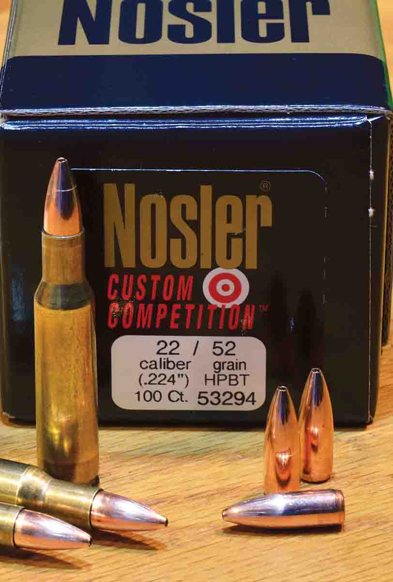 In practical terms, 52 grains is about the maximum weight that is really usable in the diminutive .222 Remington case. Fortunately, there are a host of excellent bullets, including the Nosler Custom Competition which was used for testing.